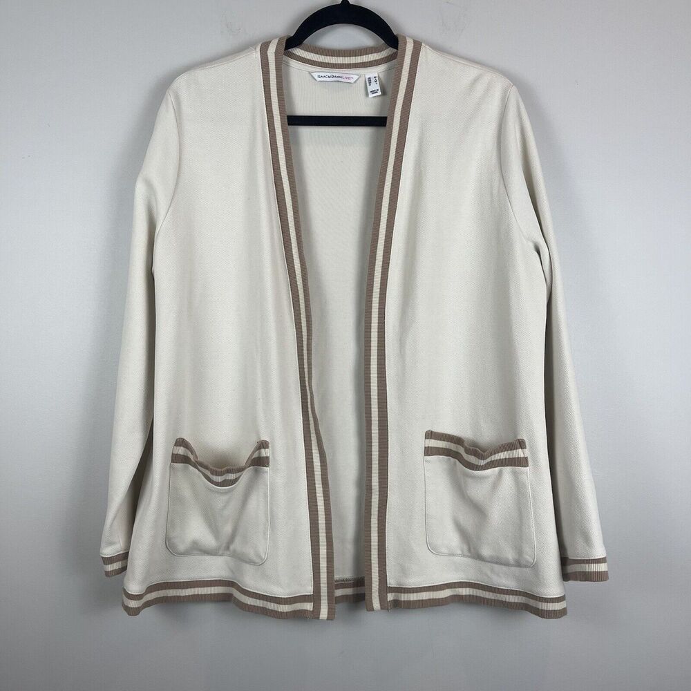 Isaac Mizrahi Live! Womens Open Front Cardigan Medium Ivory Preppy Scholar